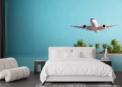 Airplane flying over a tropical island, vacation destination, 3D illustration Wall mural