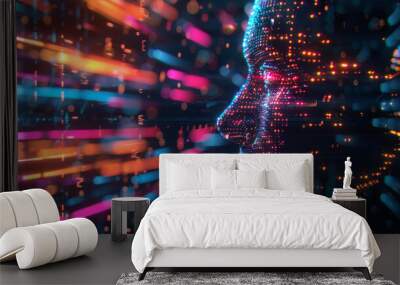 ASCII portrait of a person made of glowing dots. Wall mural