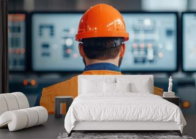 Engineers monitoring an automated production line via digital control panels, automated production, engineering supervision Wall mural