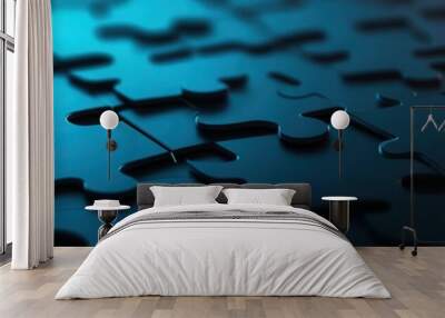 Glowing jigsaw puzzle, blue futuristic design, dark abstract background Wall mural