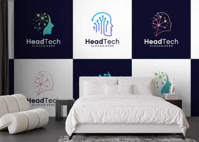 set of head tech, Pixel Head logo, brain logo, Robot Technology,Template design, vector illustration Wall mural