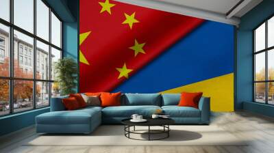 3D Rendering of two flags from China and ukraine together with fabric texture, bilateral relations, peace and conflict between countries, great for background Wall mural