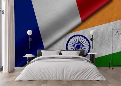 3D Rendering of two flags from French Republic and India together with fabric texture, bilateral relations, peace and conflict between countries, great for background Wall mural