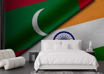 3D Rendering of two flags from Republic of Maldives and india together with fabric texture, bilateral relations, peace and conflict between countries, great for background Wall mural