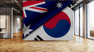 3D rendering of two flags of Commonwealth of Australia and Republic of Korea together with fabric texture, bilateral relations, peace and conflict between countries, great for background Wall mural