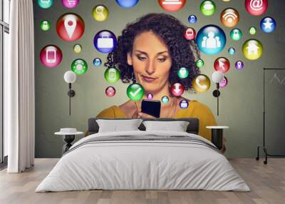 communication technology mobile phone tech concept. Annoyed woman using smartphone Wall mural