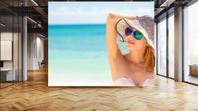 happy young woman on beach female enjoying tropical weather Wall mural