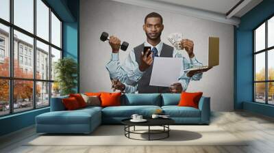 multitasking business man busy executive on grey background Wall mural