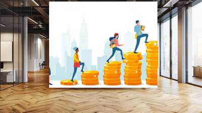 Vector of a group of students climbing up stairs made of coin piles. Wall mural