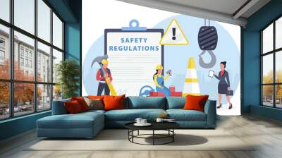 Vector of an OSHA inspector visiting construction site to assure occupational safety and health of workers Wall mural