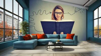 Woman in glasses reading big book comes up with an idea Wall mural