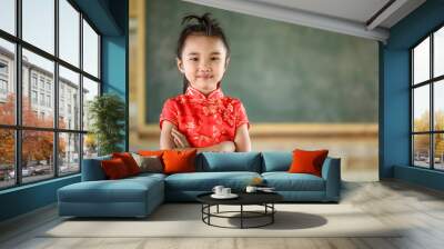 Little girl on red Chinese dress Wall mural