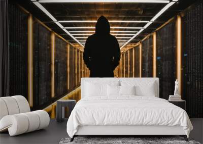 photo of man in black hoodie in server data center room with neon light, generative AI Wall mural