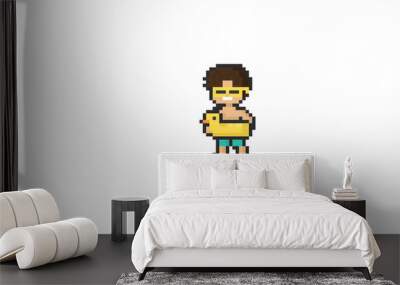 Pixel man with yellow duck swim ring.8bit.Summer character. Wall mural