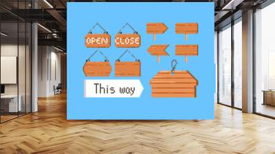 Pixel wood sign plate set.8bit. Wall mural