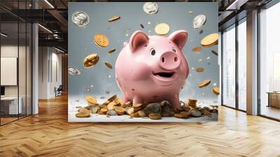 saving money by adding coin in pig shaped bank after retirement and record keeping of income, expenditure, savings and financial concepts. Generative Ai. Wall mural