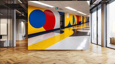 Vibrant hallway featuring colorful mural with geometric shapes, modern architecture, and bright flooring design. Wall mural