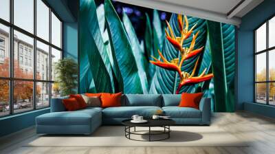 colorful flower on dark tropical foliage nature background Wall mural