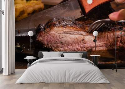 barbecue grilled beef matambre with metallic fire potatoes córdoba argentina Wall mural