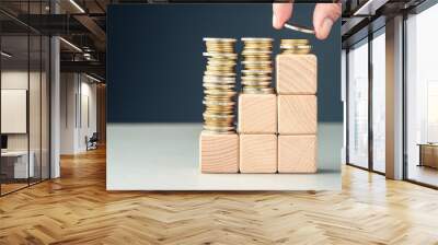 Hand add a few coins at the top of the final level built by wood cubes as step stairs, paying less at the long term, reduce cost, save for future, insurance, and investment, or subsidy money concept Wall mural