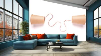 Old style cup phone with red string on white background, two way communication, information transmission, sender and receiver, communicate with each other Wall mural