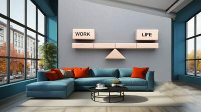 Work - Life balance on the beam symbol set by gemetry wood blocks on gray background Wall mural