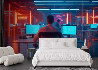 A focused professional working in a modern office space illuminated by vibrant neon lights and multiple computer monitors. Wall mural