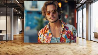 Casual, trendy man with sunglasses and a floral shirt stands on a vibrant urban street, exuding confident and relaxed vibes. Wall mural