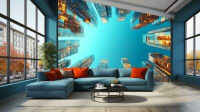 Dynamic skyscraper perspective showcasing modern architecture and urban energy under a bright blue sky. Wall mural