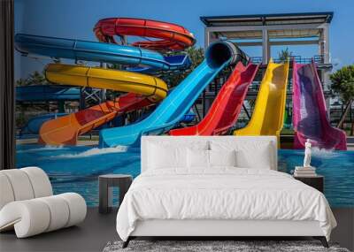 Family enjoying a day at a vibrant water park, with colorful slides and splashing water, Summer, Digital, Bright and lively, Fun and energetic Wall mural