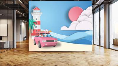 Road trip on to travel on lighthouse background . paper art style. Wall mural