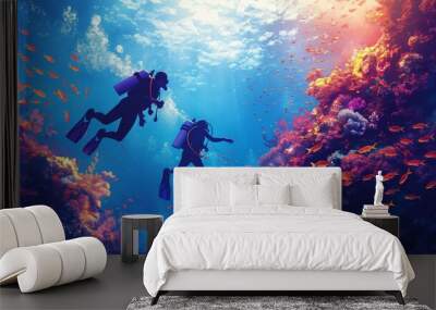 Two divers exploring a vibrant underwater world filled with colorful coral reefs and tropical fish in clear blue waters during a sunny day. Wall mural