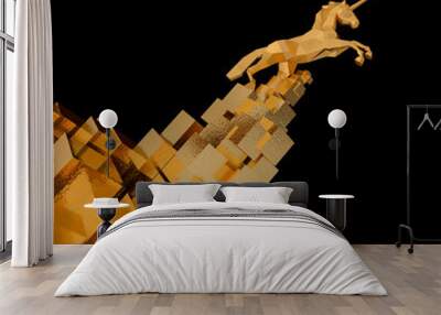 unicorn on gold cube mountain . start up, illustration concept of leader on a market.3d rendering. 3d illustration. Wall mural