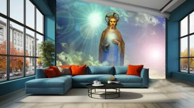 jesus christ gold statue with blue sky clouds background Wall mural