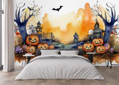 halloween background with pumpkin and bats Wall mural