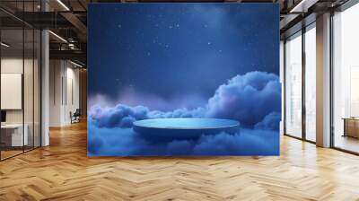 3d blue podium on background of clouds and stars, space for product presentation, night sky background with fog 16:9 Wall mural