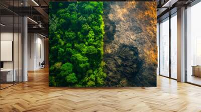 Aerial View of Deforestation Boundary in Tropical Rainforest - World Environment Day concept Wall mural