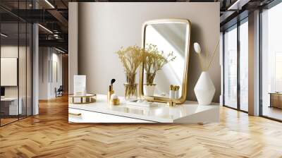 bedroom beige dressing cream vanity twig gold storage luxury glass table sunlight modern vase minimal wall beauty drawer cosmetic Empty mirror handle Wall mural