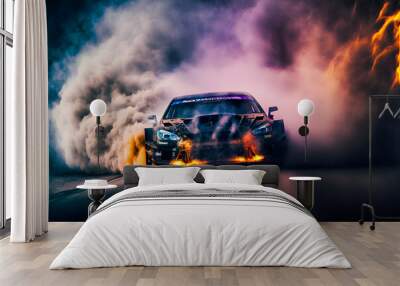 Car drifting image diffusion race drift car with lots of smoke from burning tires on speed track Wall mural