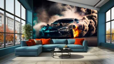 Car drifting image diffusion race drift car with lots of smoke from burning tires on speed track Wall mural