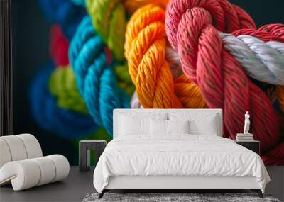 Closeup of colorful thick ropes intertwined in intricate knot, symbolizing unity and strength, community or team work , vibrant color palette, detailed texture, and symbolic imagery Wall mural