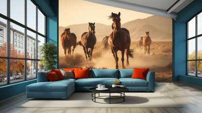 Wild Mustangs running towards the camera, summer day, sunny, desert Wall mural