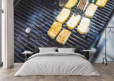 bbq on weekend. grill cheese and vegetables on gas grill. outdoors. Wall mural