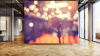 Empty event hall: Close up of microphone stand, empty seats in the blurry background Wall mural