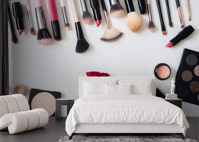 Make up concept: Professional makeup tools and accessories. Lipstick, mascara, nail polish, eyeshadow, powder, eyelash and foundation. Top view. Wall mural