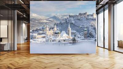 Panorama of Salzburg in winter: Snowy historical center, sunshine Wall mural