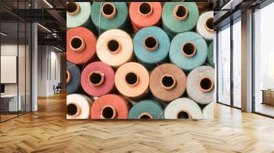 Threads in a tailor textile fabric: colorful cotton threads, birds eye perspective Wall mural