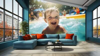 Happy baby playing in swimming pool during summer vacation. Generative Ai Wall mural