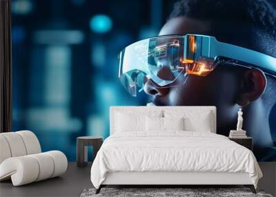 Man using futuristic smart tech glasses, concept of augmented reality technology Wall mural