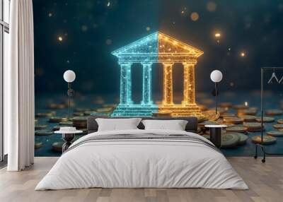 Split glowing bank symbol representing traditional and DeFi financial systems Wall mural